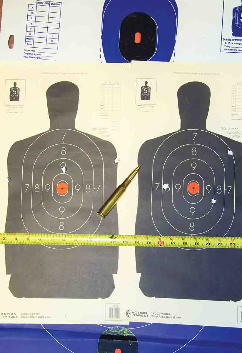 These are fair representatives of the three-shot groups produced by the Barrett M107A1 at 500 yards. The left group measures around 6.25 inches – the best produced in this test – using Hornady’s A-MAX and Shooters World SW-50BMG powder.